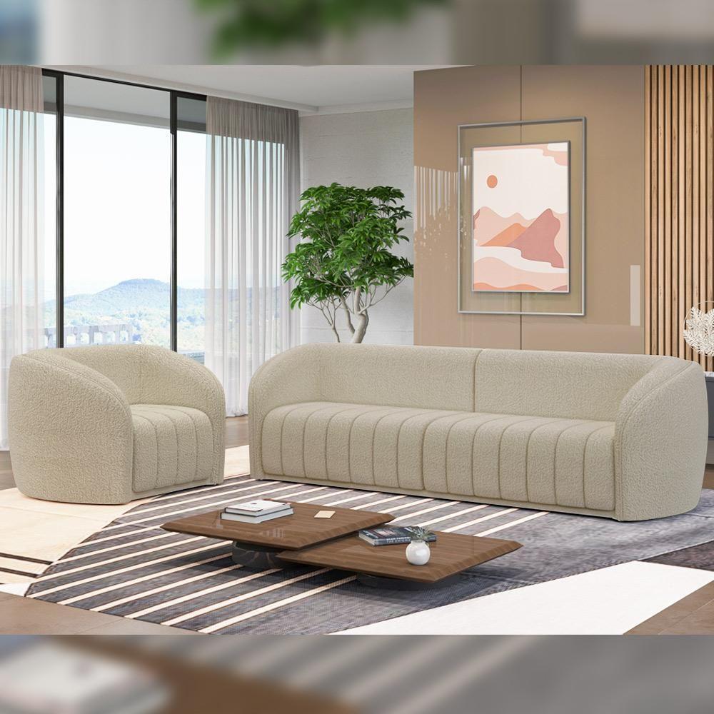 Kit Sofá 5 Lugares Para Sala De Estar 332 Cm Com 01 Poltrona Lazio M03 Bouclê Bege - Lyam Decor - 9