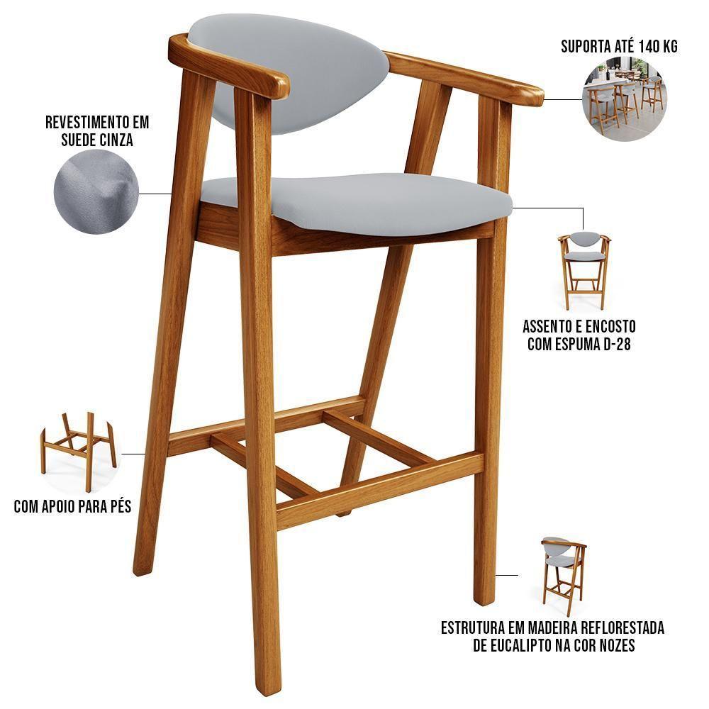 Kit 04 Banquetas Alta Para Cozinha Bancada Bar Sala De Jantar Fixa Cecília L02 Suede Cinza - Lyam - 8