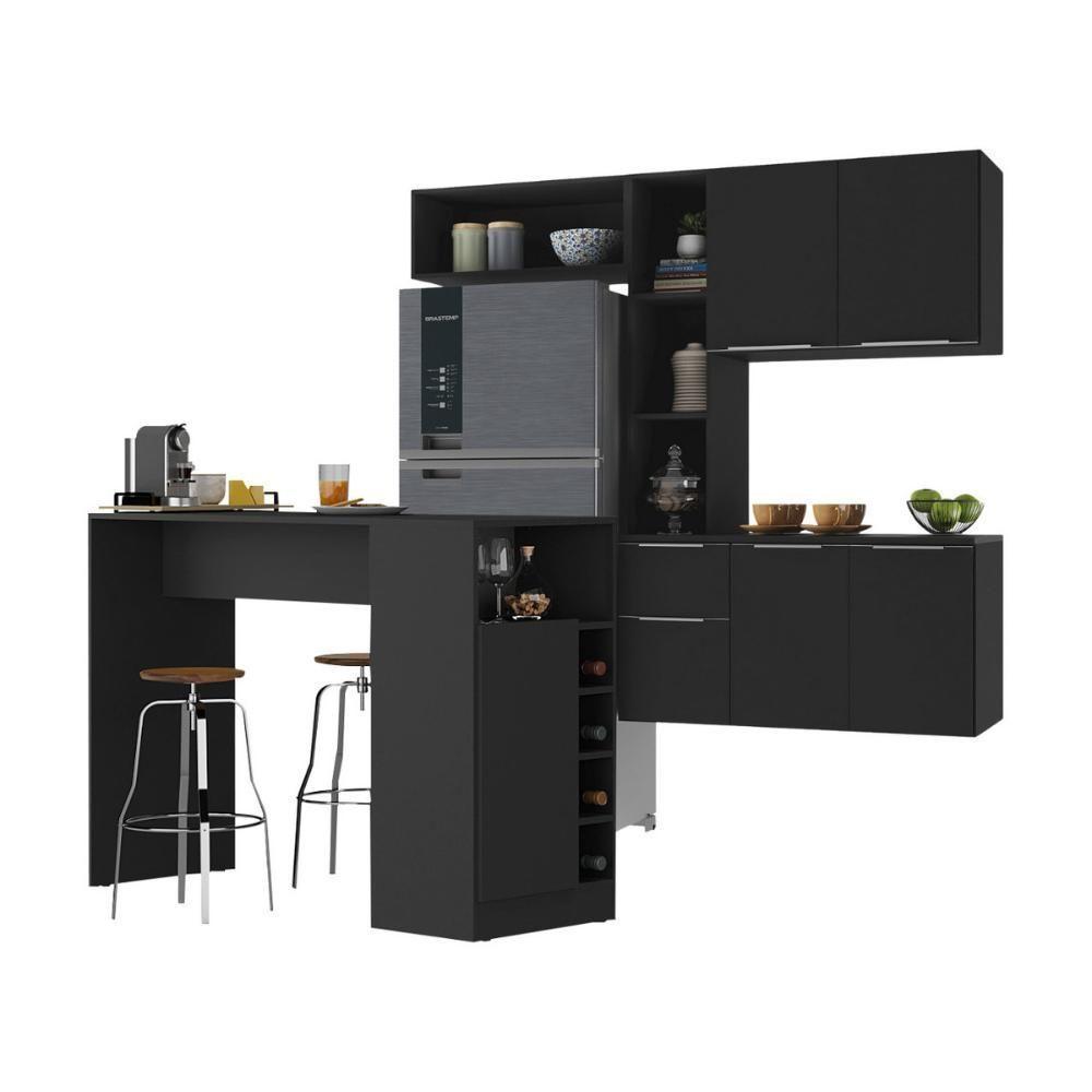 Armário De Cozinha Suspensa Com Bancada Americana Sofia Multimóveis Mp2198 Preto Preto - 1