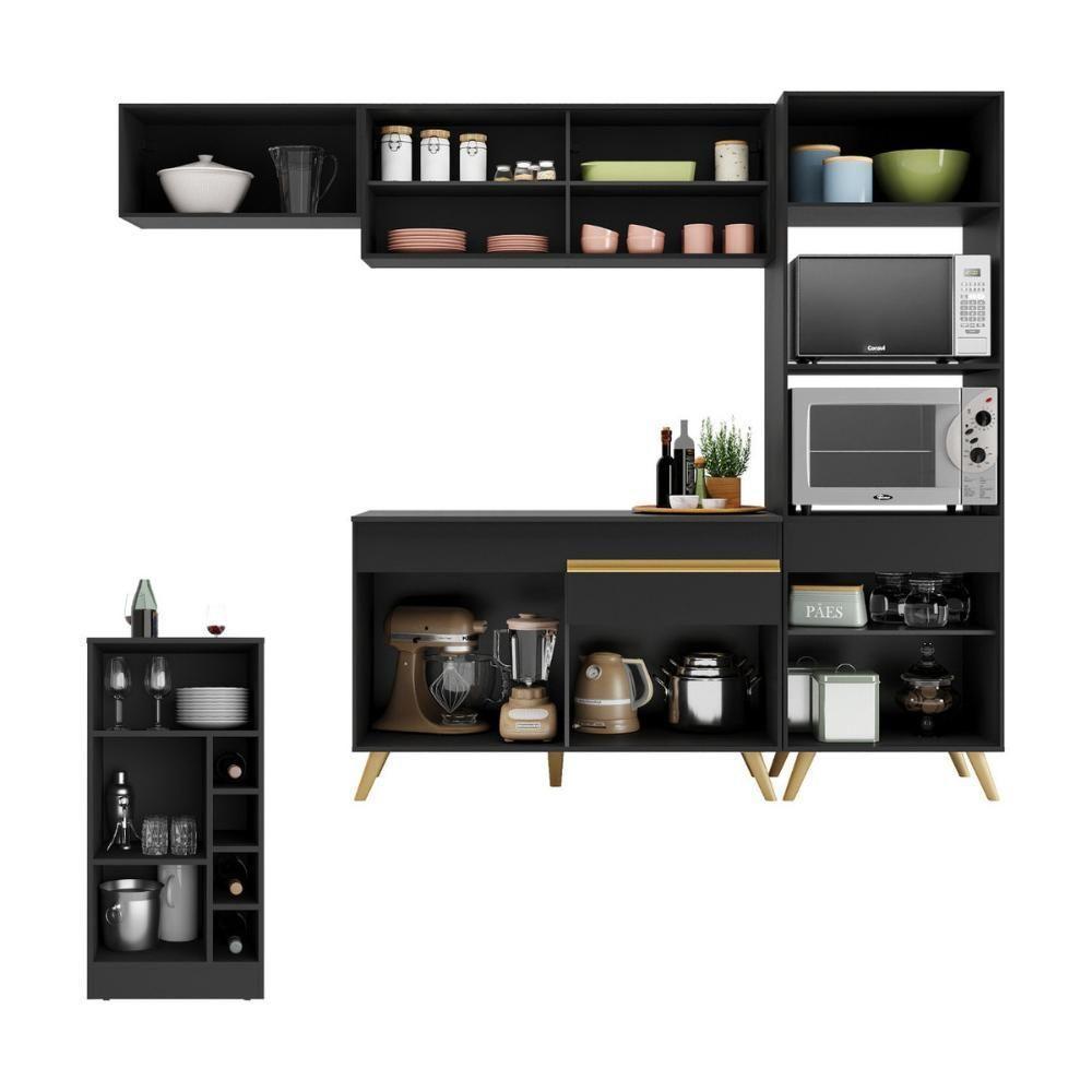 Cozinha Modulada Com Bancada Americana Veneza Multimóveis Mp2208 Preto/dourado Preto/dourado - 4