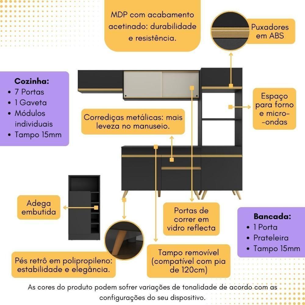 Cozinha Modulada Com Bancada Americana Veneza Multimóveis Mp2208 Preto/dourado Preto/dourado - 6
