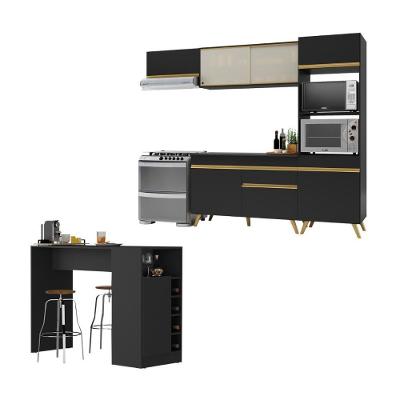 Cozinha Modulada Com Bancada Americana Veneza Multimóveis Mp2208 Preto/dourado Preto/dourado