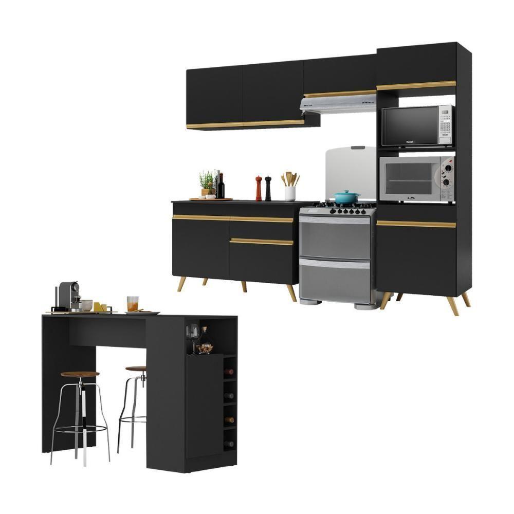 Armário De Cozinha Compacta Com Mesa/bancada Veneza Multimóveis Mp2210 Preto/dourado Preto/dourado - 1