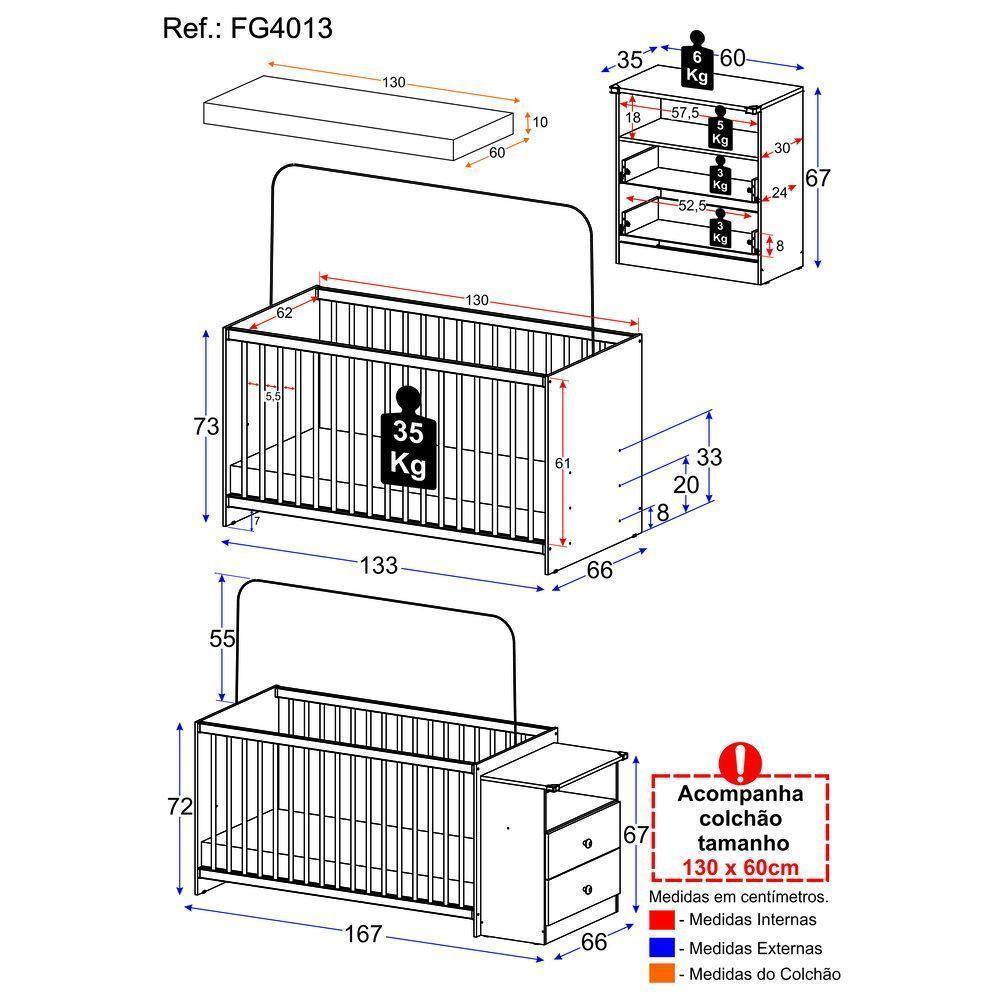 Berço Cômoda Com Colchão Incluso Meu Bebê Multimóveis Fg4013 Branco - 4