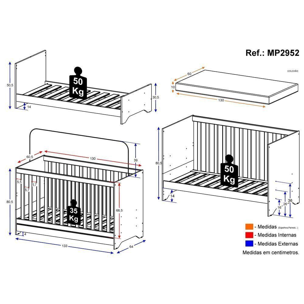 Berço 3 Em 1 Vira Cama Com Colchão Incluso Elza Multimóveis Branco - 4