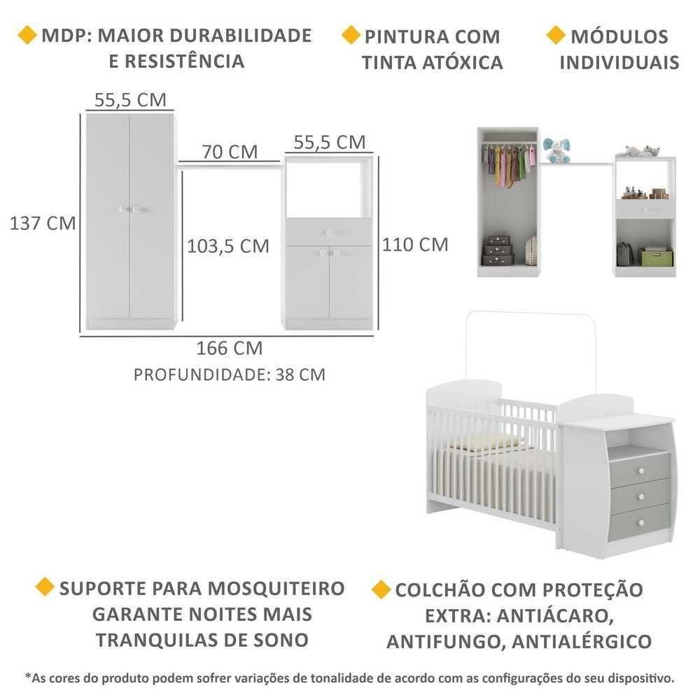 Quarto Infantil Com Berço-cômoda E Colchão Incluso Laura Multimóveis Branco/cinza - 5