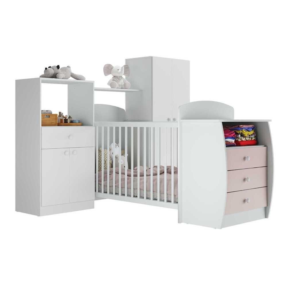 Quarto Infantil Com Berço-cômoda E Colchão Incluso Laura Multimóveis Branco/rosa - 1