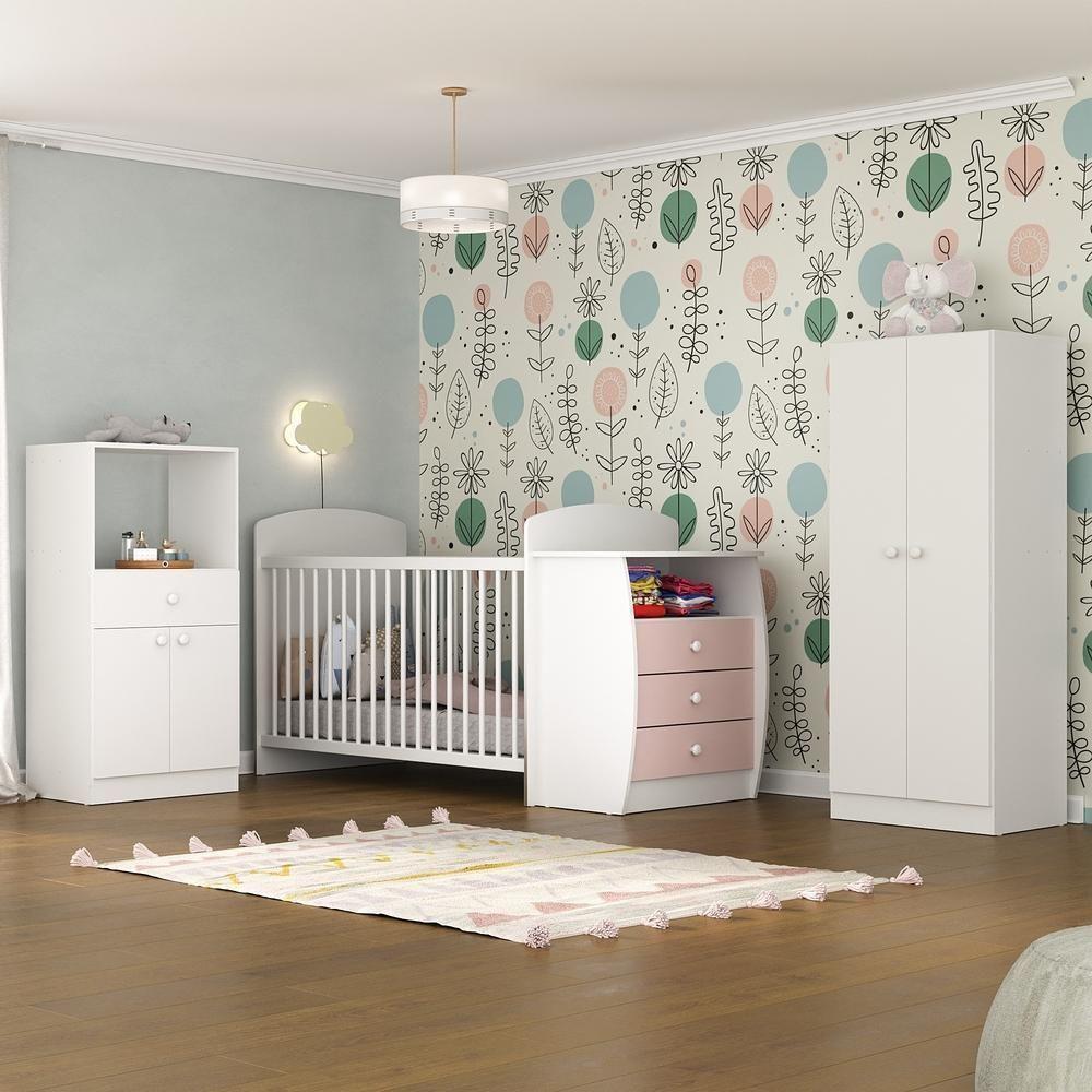 Quarto Infantil Com Berço-cômoda E Colchão Incluso Laura Multimóveis Branco/rosa - 4