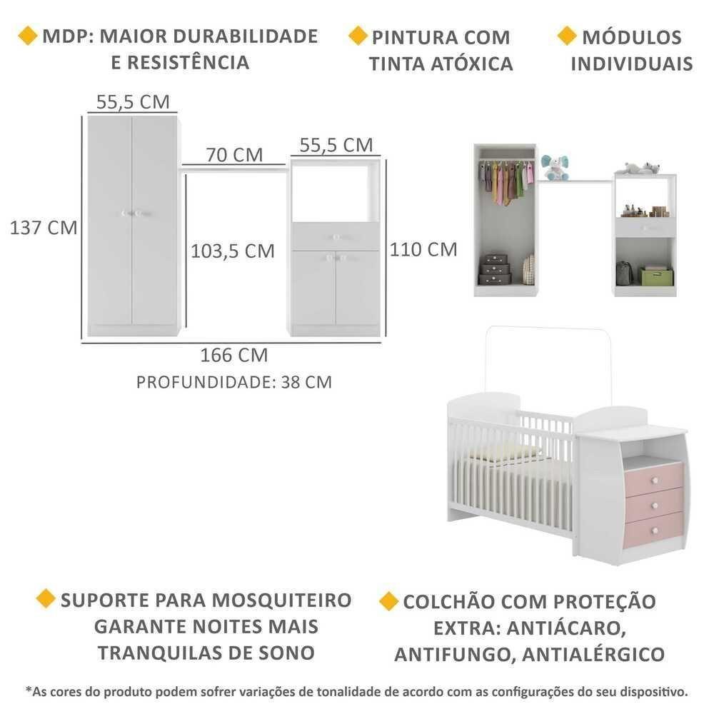 Quarto Infantil Com Berço-cômoda E Colchão Incluso Laura Multimóveis Branco/rosa - 5