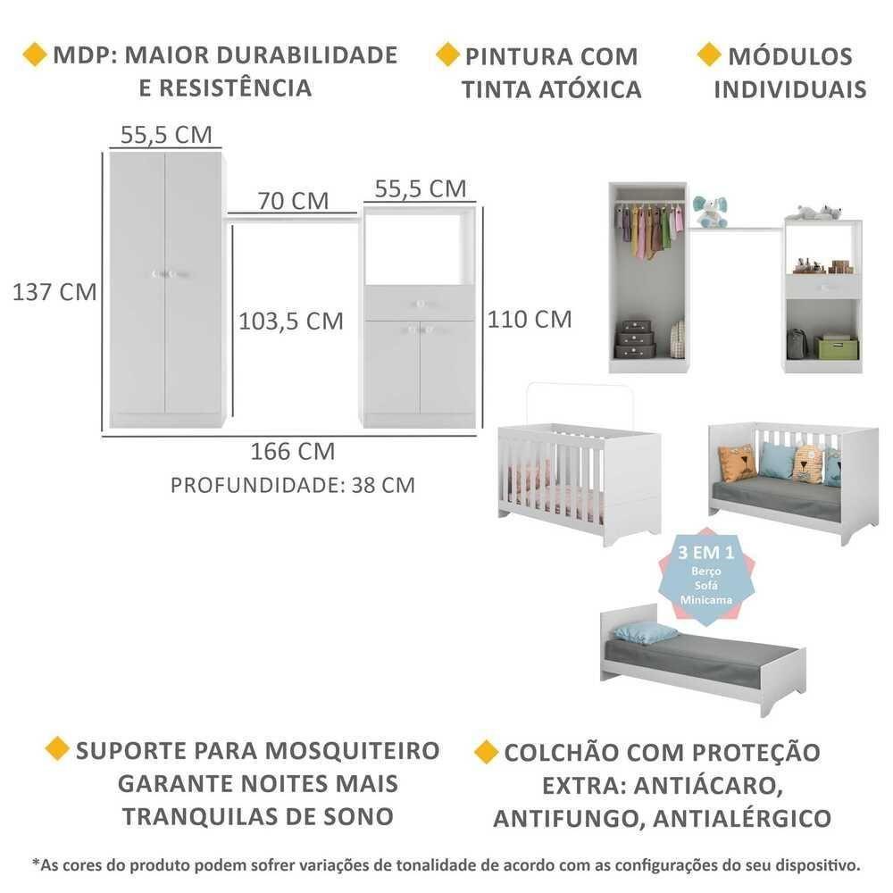 Quarto Infantil Com Berço 3 Em 1 E Colchão Incluso Luíza Multimóveis Branco - 5