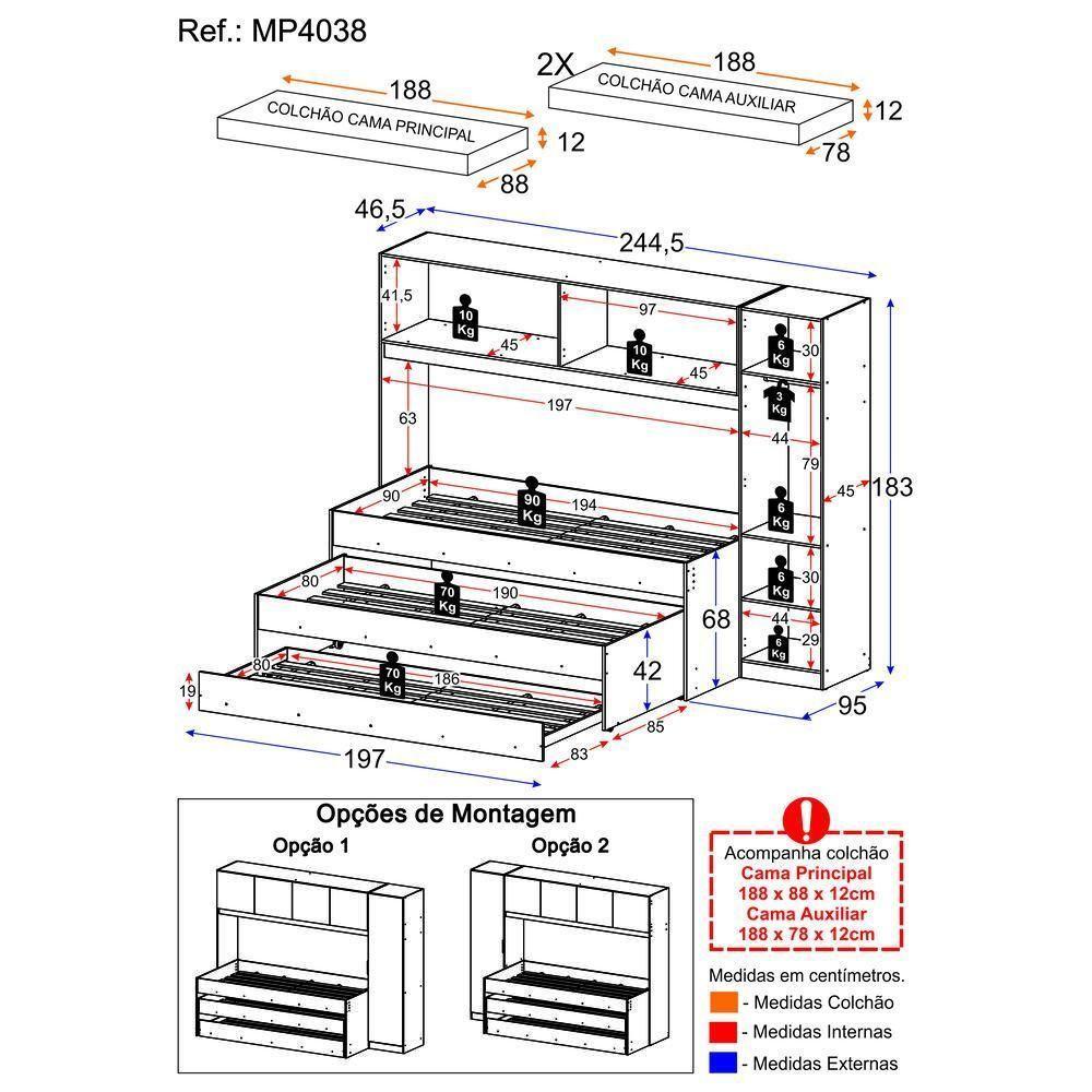 Tricama De Solteiro Com Colchão E Guarda-roupas Dublin Multimóveis Mp4038 Branca - 4