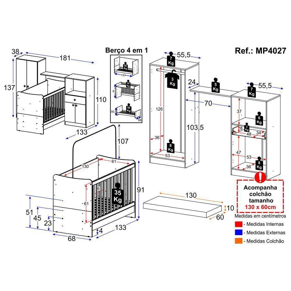 Quarto Infantil Com Berço 4 Em 1 E Colchão Incluso Sofia Multimóveis Branco - 7