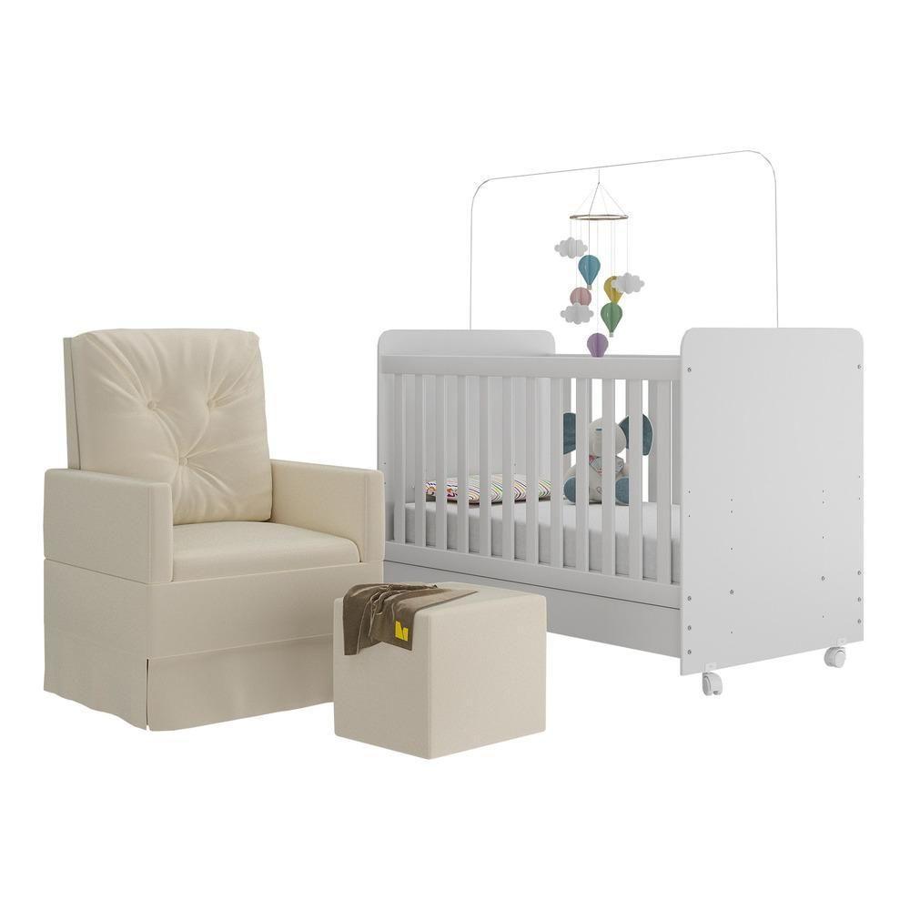 Berço Americano 3x1 Com Colchão, Poltrona Amamentação E Puff Bambino Multimóveis Mp4101 Branco/bege Branco/bege - 1