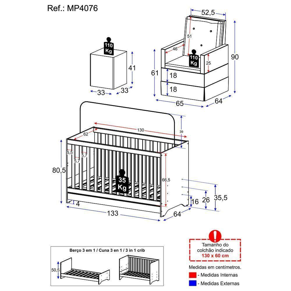 Berço 3x1 Com Poltrona De Amamentação E Puff Multimóveis Mp4076 Branco/bege Branco/bege - 3