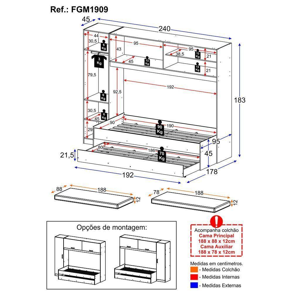 Bicama Com Colchão Incluso E Guarda-roupas Multimóveis Fgm1909 Branca - 4
