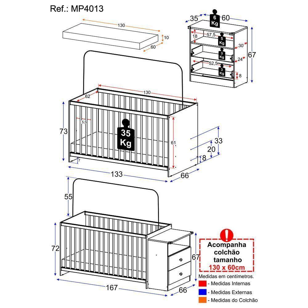 Berço Cômoda C/ Colchão Incluso Meu Bebê Multimóveis Branco - 4