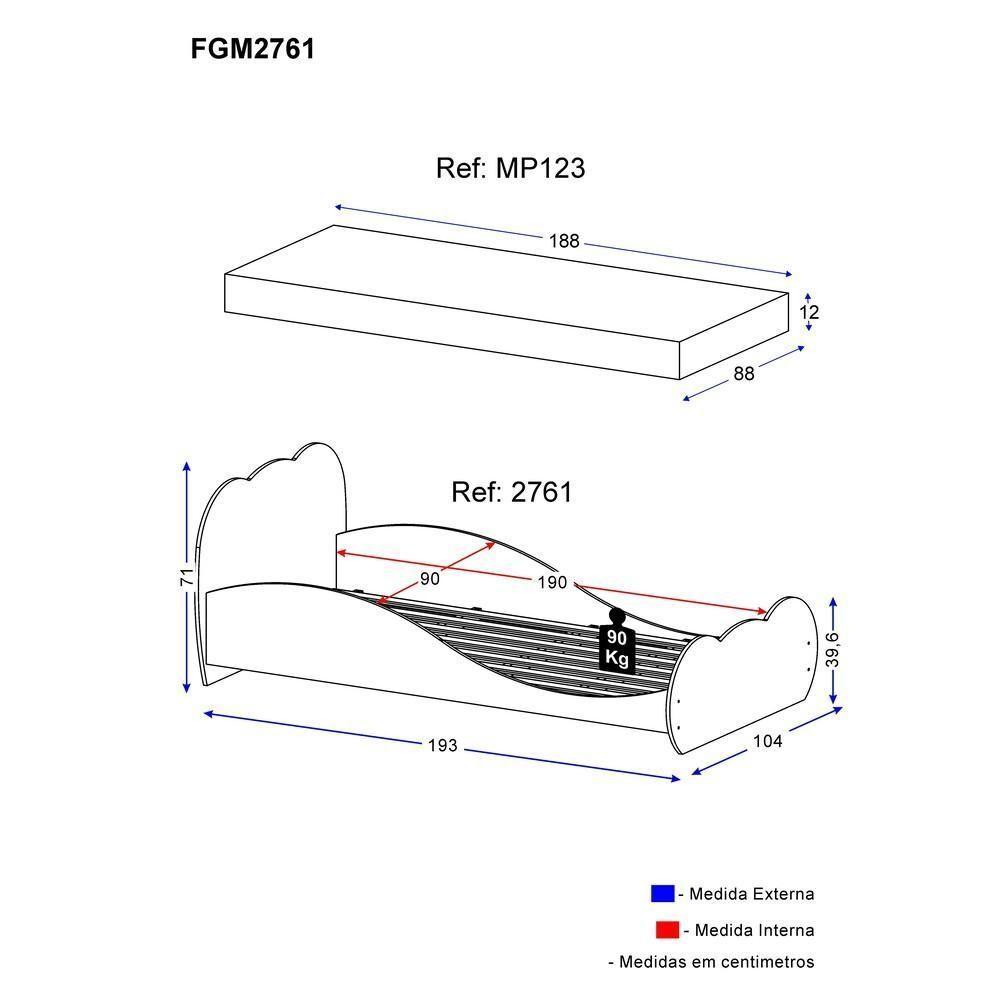 Cama Solteiro Com Colchão Incluso 88 X 188 Cm 100% Mdf Safira Multimóveis Fg2761 Branca - 4