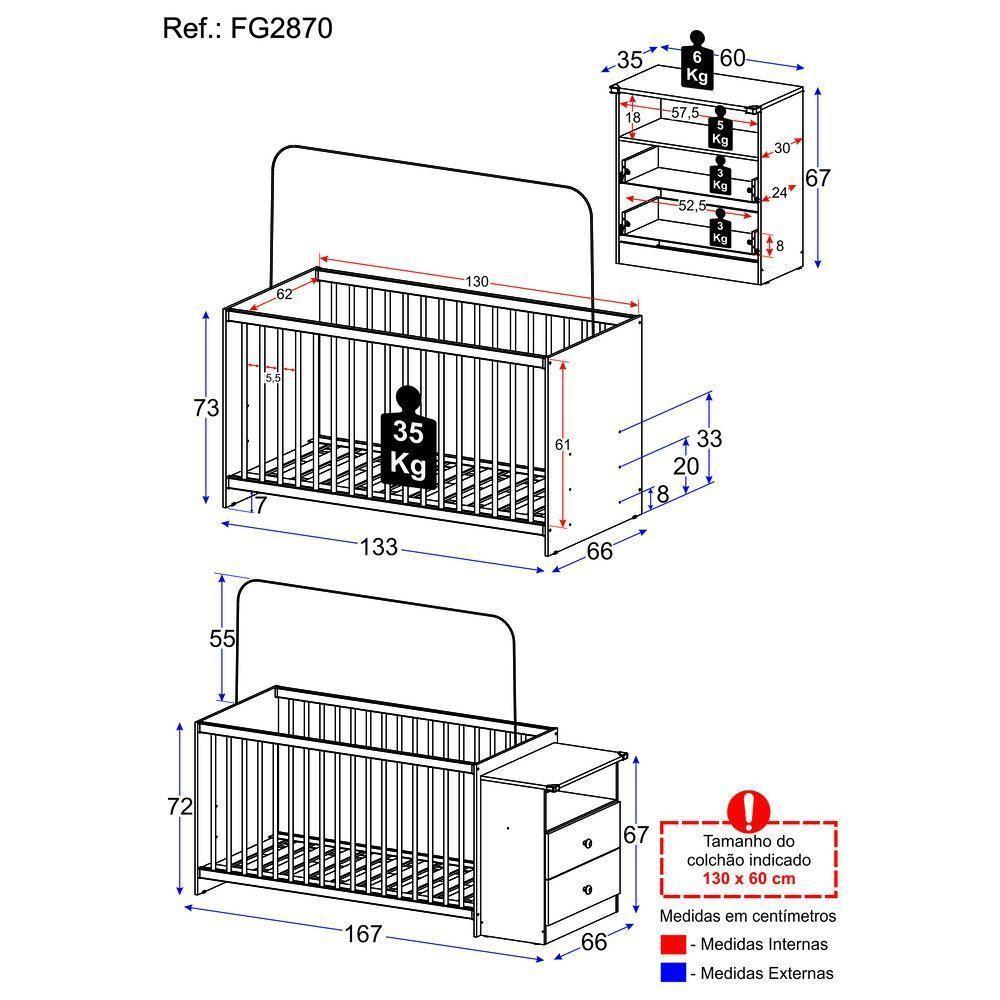 Berço Cômoda Para Colchão 60 X 130 Cm Multimóveis Meu Bebê Fg2870 Branco - 4