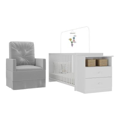 Berço Cômoda com Poltrona de Amamentação Multifuncional Mp4066 em MDP Branco Cinza