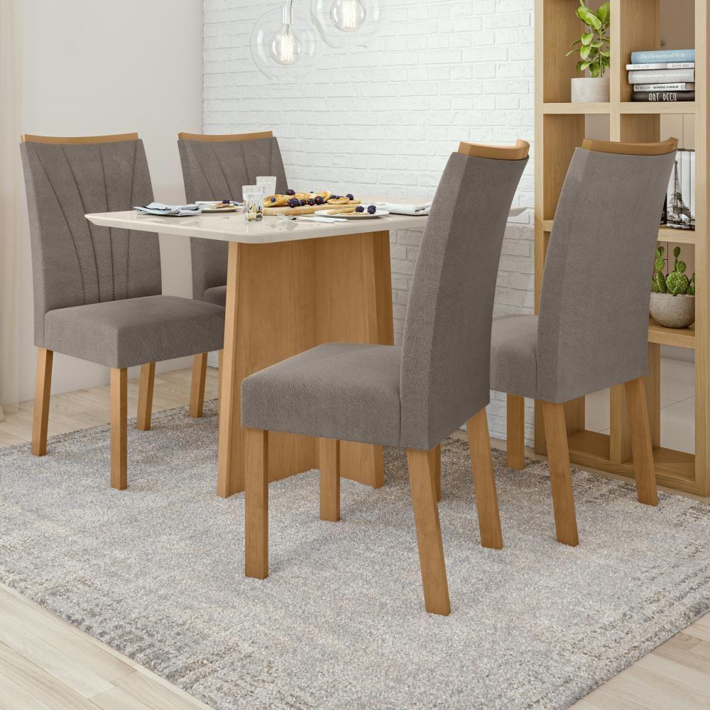 Mesa De Jantar Celebrare 1,20 Com Vidro E 4 Cadeiras Apogeu Tecido Suede Animale Bege Amendoa Clean/off White - 1