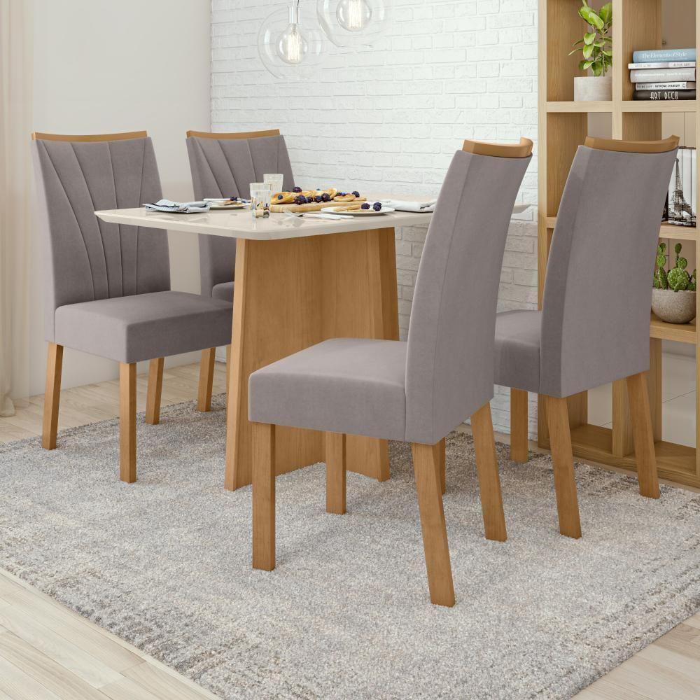 Conjunto Mesa De Jantar Celebrare 1,20 C/ Vidro E 4 Cadeiras Apogeu Tecido Veludo Liso Capuccino Amendoa Clean/off White - 1