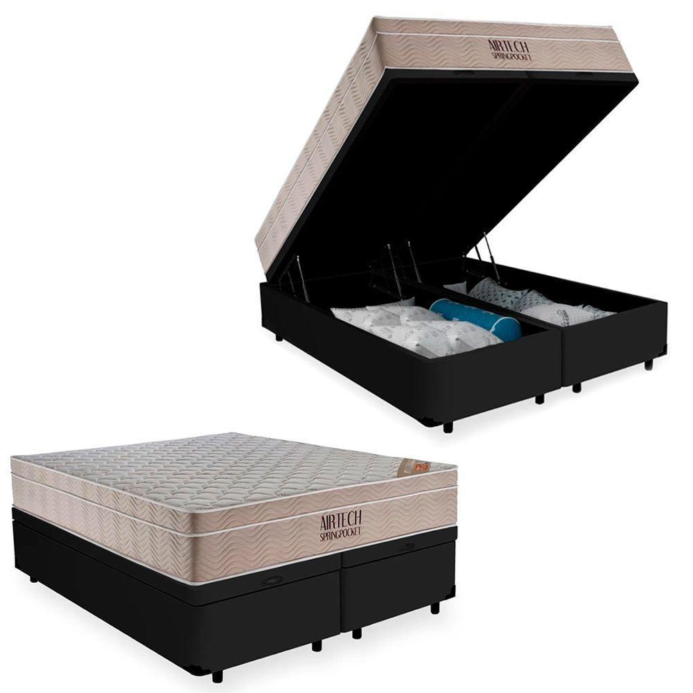 Cama Box Baú Queen Suede Bipartido + Colchão Ortobom Airtech Molas Ensacadas 65x158x198 Preto - 1
