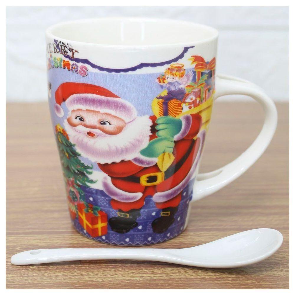 Caneca De Natal Natalina Com Colher Papai Noel Cerâmica 300ml - 1