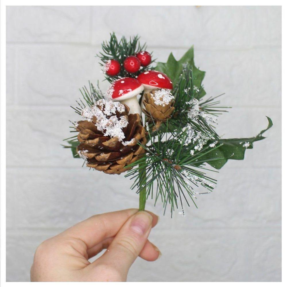 Kit 6 Ramos Cogumelo Decoração Natal Artificial Com Detalhes Branco 17cm - 2