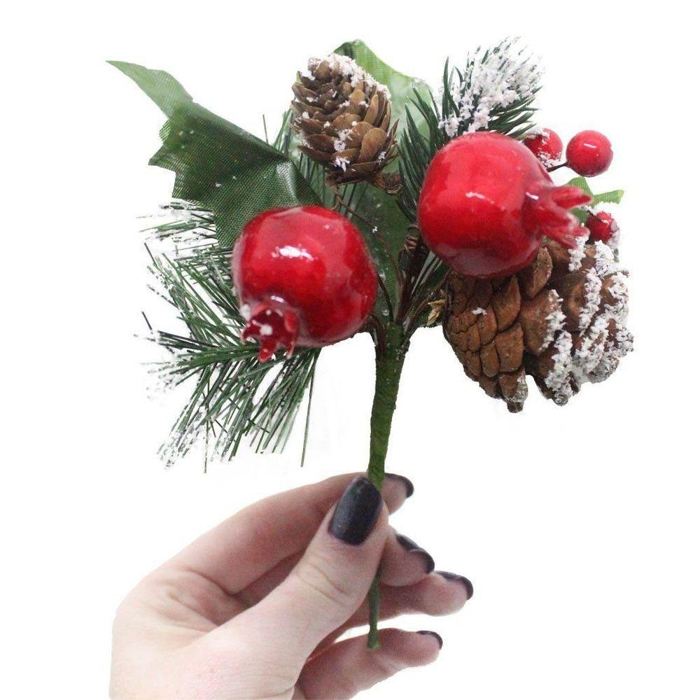 Kit 4 Ramos Romã Decoração De Natal Artificial Com Detalhes Branco 16cm - 2