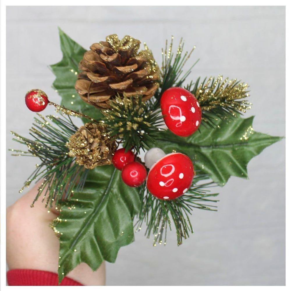 Kit 10 Ramos Cogumelo Decoração De Natal Artificial Com Brilho 16cm - 2