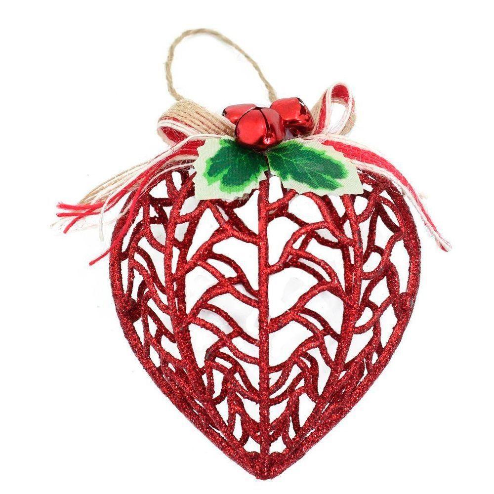 Kit Conjunto 12 Peças Decoração Enfeite Bola Coração árvore Natal Vermelha Glitter Natalina 11,5cm - 1