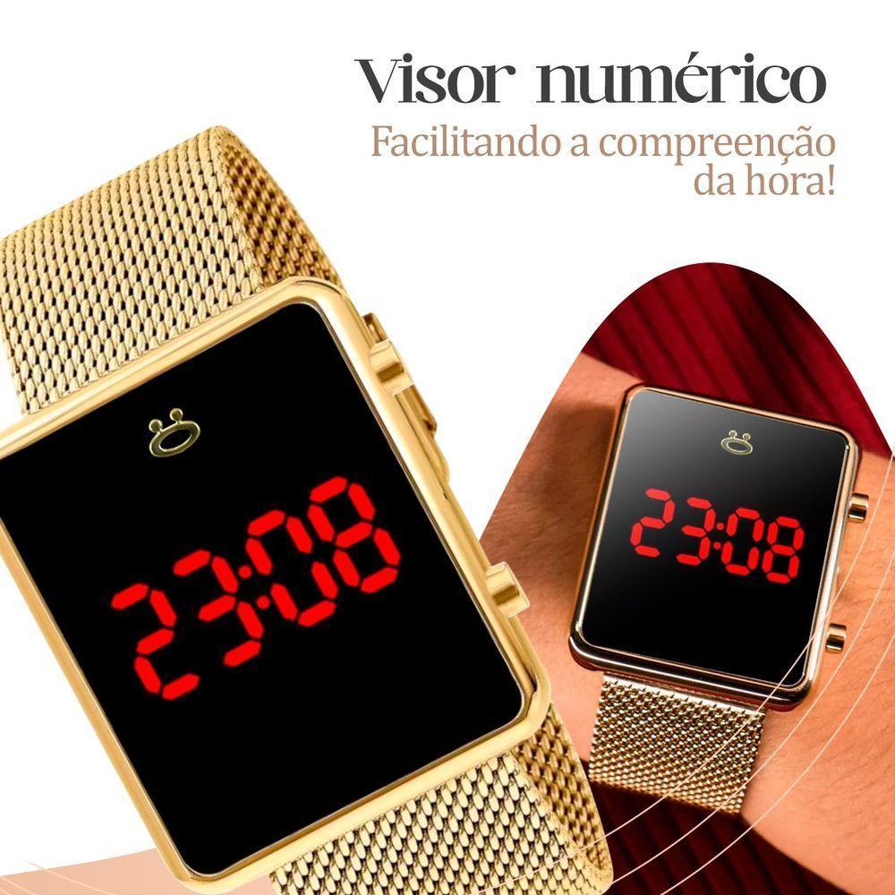 Relogio Digital Feminino Banhado + Caixa + Pulseira Aço Inox Casual Qualidade Premium Social - 4