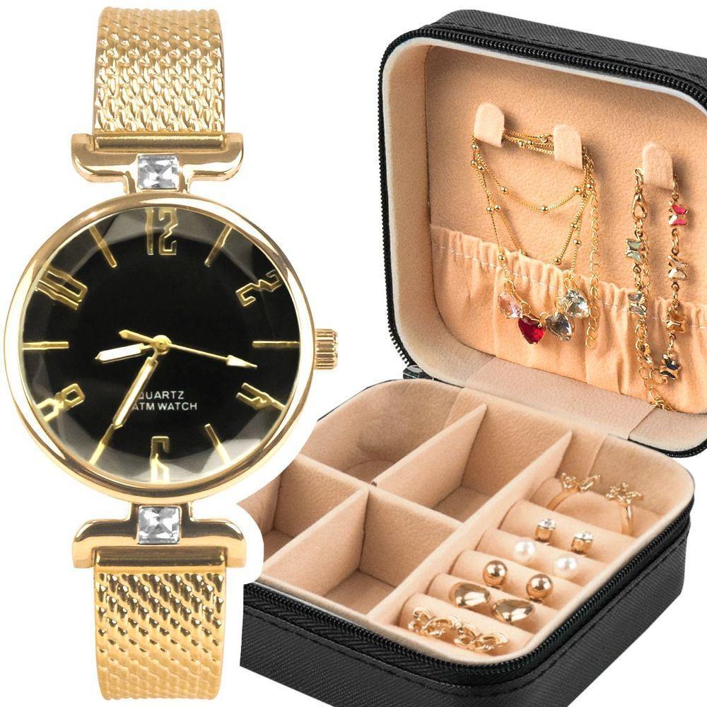 Relogio Dourado Banhado + Pulseira + Porta Joia + Colar Prova Dagua  Casual Presente Social - 1
