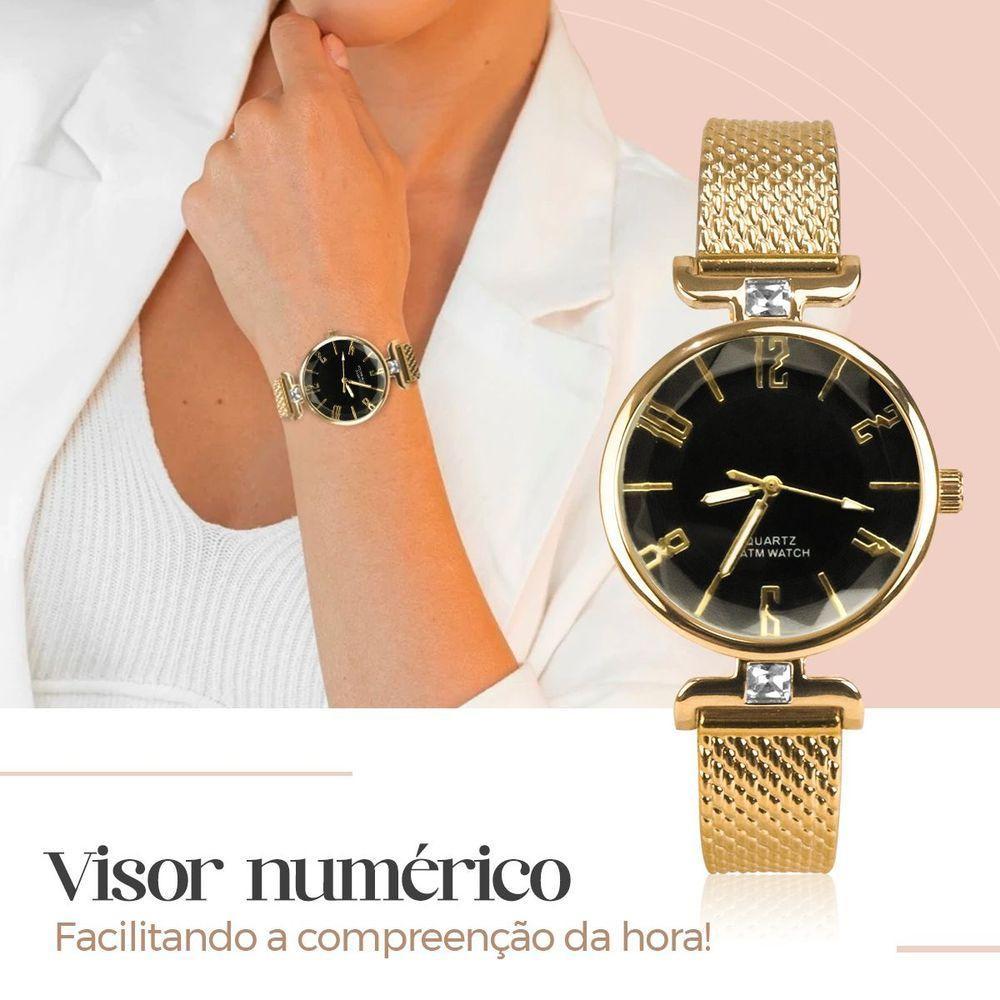 Relogio Dourado Banhado + Pulseira + Porta Joia + Colar Prova Dagua  Casual Presente Social - 7