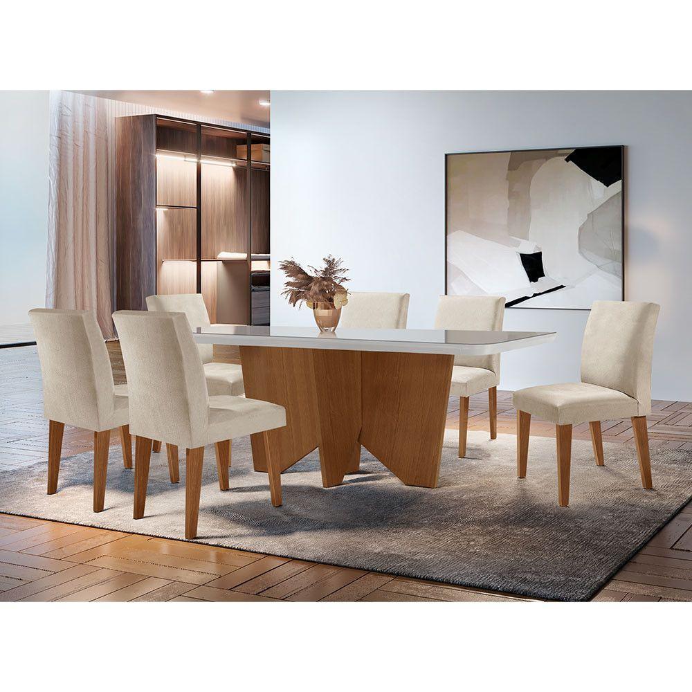 Sala De Jantar Mesa Evora Canto Copo Com 6 Cad Grecia Rufato Vel.creme /off White/imbuia - 1