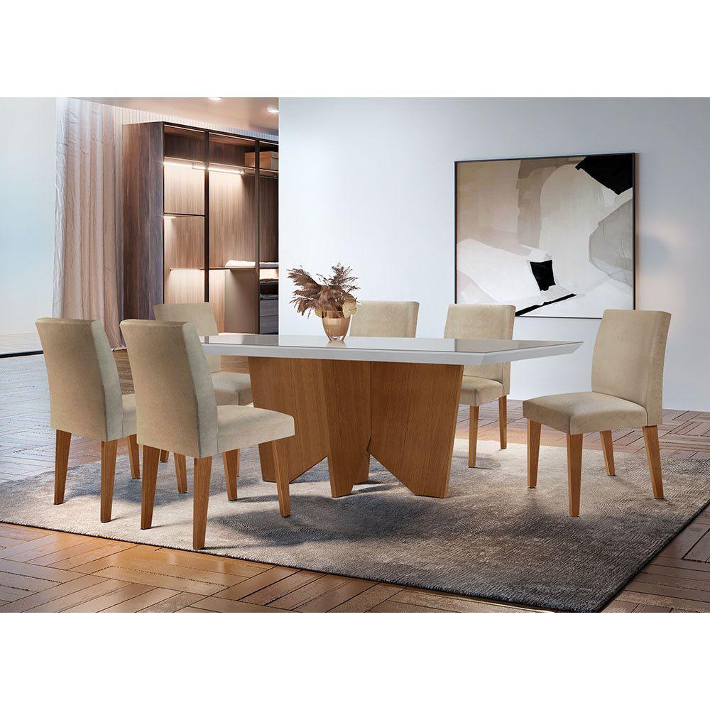 Sala De Jantar Mesa Evora Canto Reto Com 6 Cad Grecia Rufato Turim / Off White / Imbuia - 1