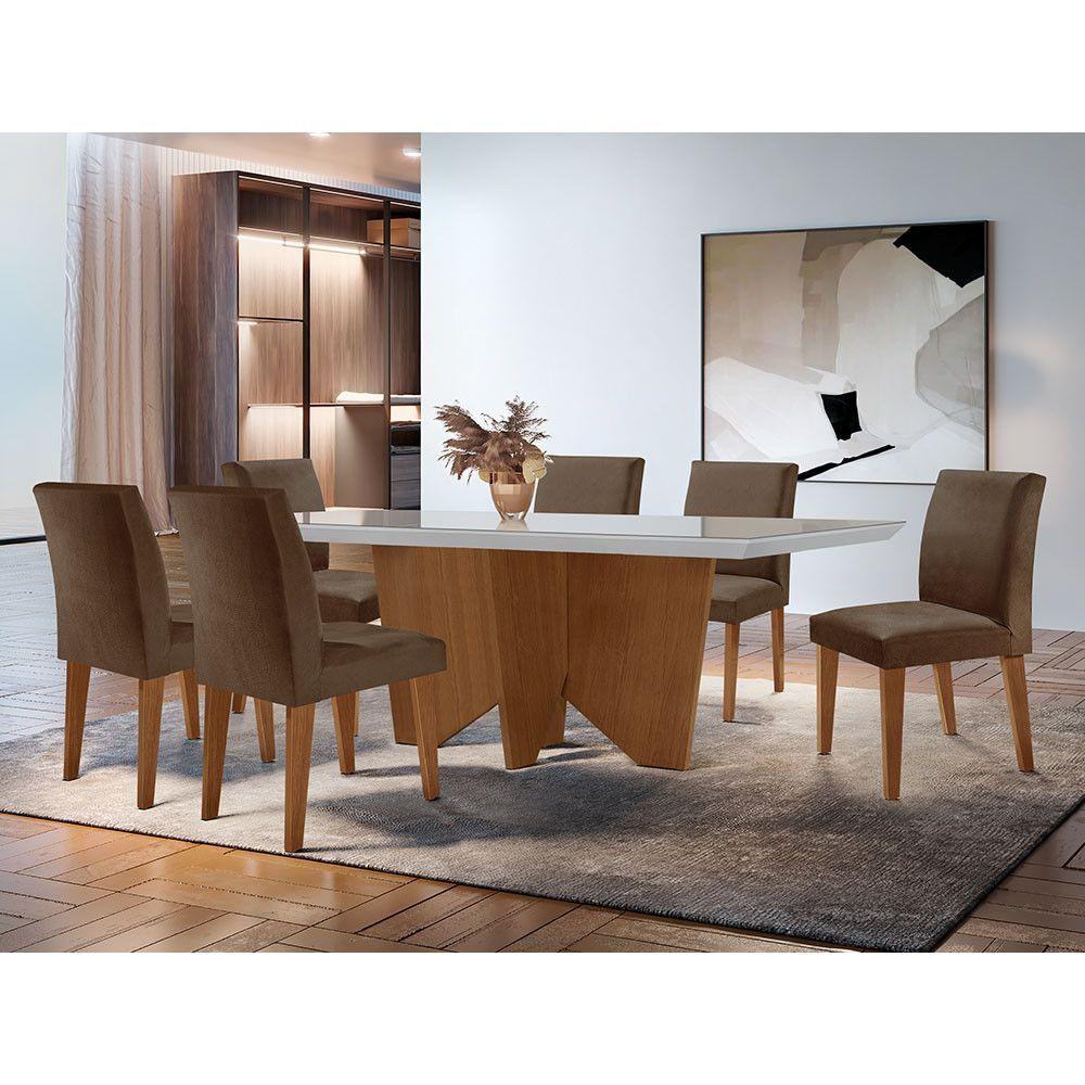 Sala De Jantar Mesa Evora Canto Reto Com 6 Cad Grecia Rufato Vel. Marrom/off White/imbuia - 1