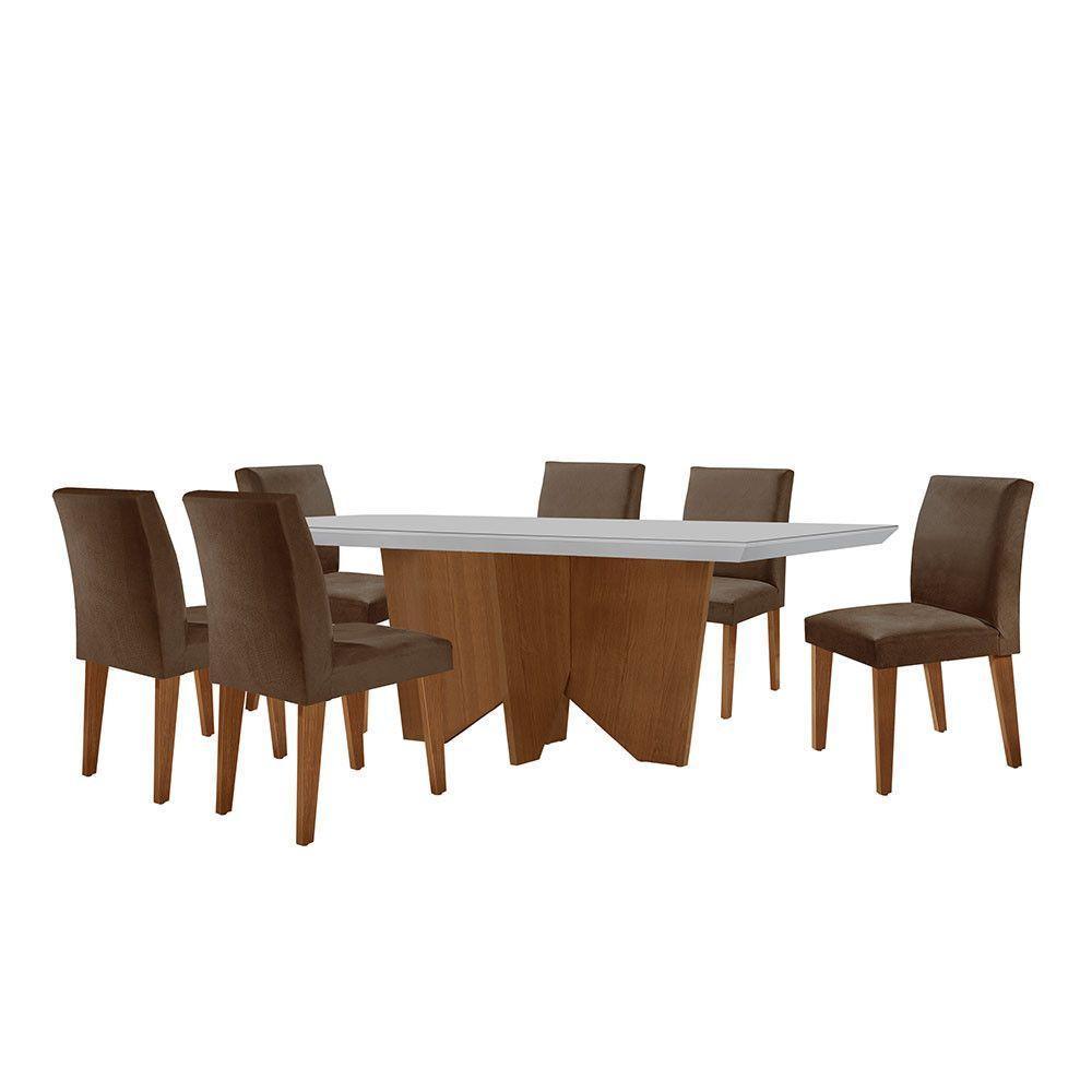 Sala De Jantar Mesa Evora Canto Reto Com 6 Cad Grecia Rufato Vel. Marrom/off White/imbuia - 4