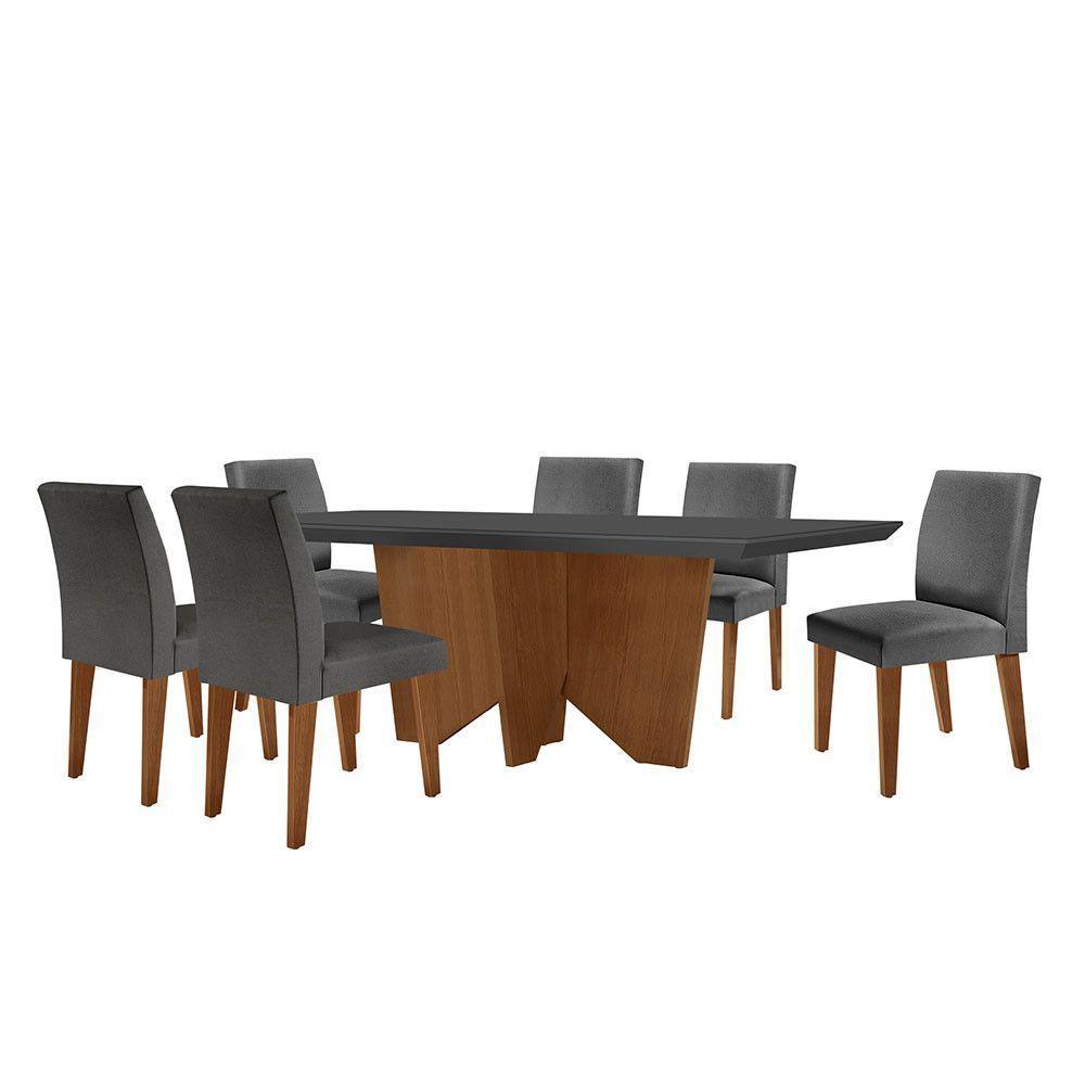 Sala De Jantar Mesa Evora Canto Reto Com 6 Cad Grecia Rufato Linho Grafite E Imbuia - 6