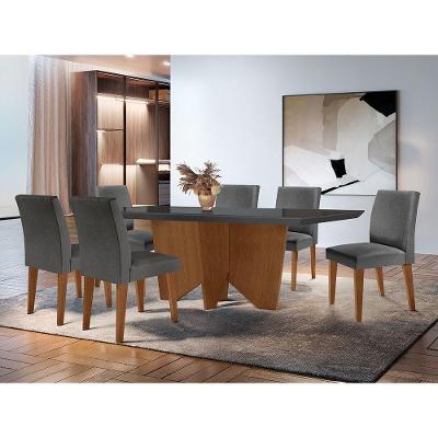 Sala de Jantar Evora 6 Lugares Tampo de Vidro com Cadeiras Linho Grafite Mesa Retangular