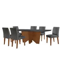 Sala De Jantar Mesa Evora Canto Reto Com 6 Cad Grecia Rufato Linho Grafite E Imbuia - 6