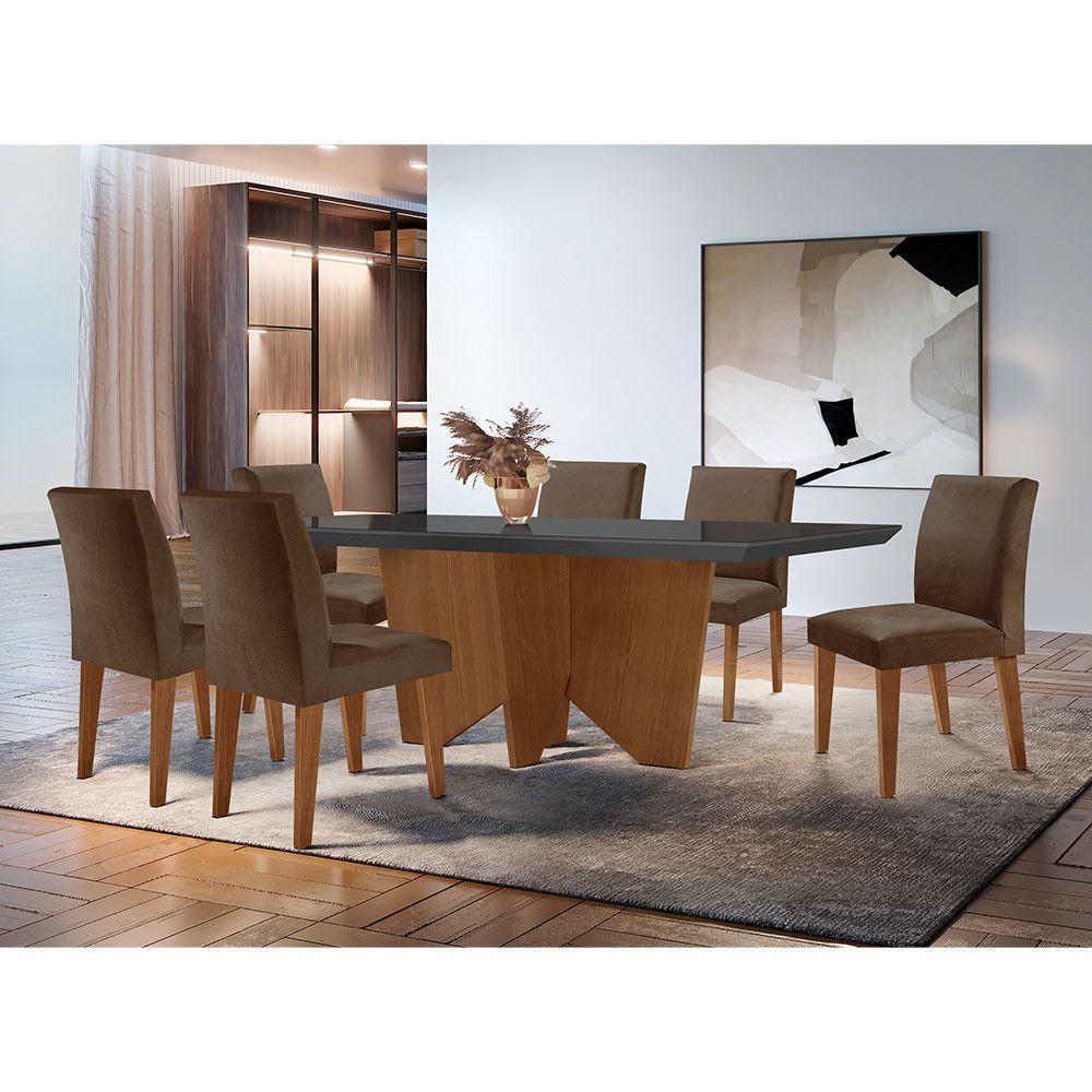Sala De Jantar Mesa Evora Canto Reto Com 6 Cad Grecia Rufato Veludo Marrom/grafite/imbuia - 1