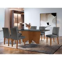 Sala De Jantar Mesa Evora Canto Copo 6 Cade. Grecia Rufato Linho Grafite E Imbuia - 1