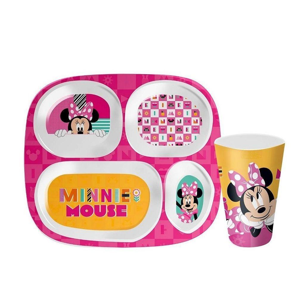 Kit Prato Refeição Infantil 4 Divisórias E Copo Melamina Minnie Mouse Disney - Tuut - 1
