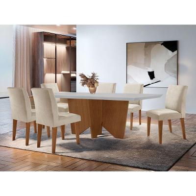 Sala de Jantar Evora 6 Lugares Mesa em MDF com Cadeiras em Veludo Creme Off White e Imbuia
