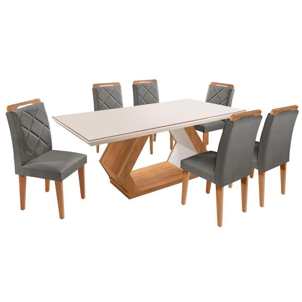 Mesa Alvorada 180 Tp Mdf Vidro Canto Reto 6 Cadeiras Rufato Veludo Grafite/imbuia Off/serig Off - 2