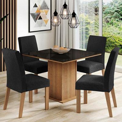Conjunto de Jantar Evelin 4 Lugares Tampo de Vidro com Cadeiras Estofadas Rustic 90x90