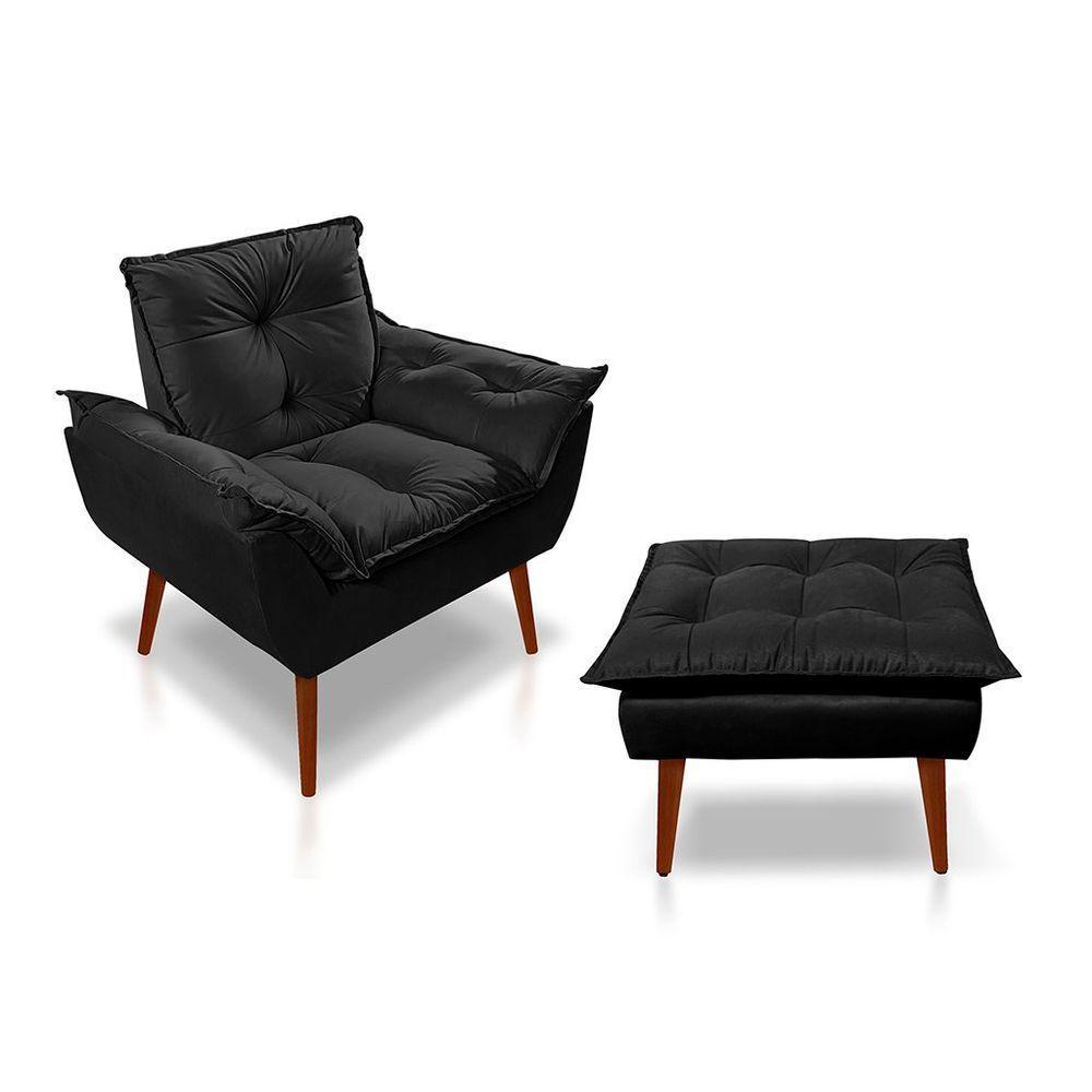 Kit C/ 01 Poltrona Opala + 01 Puff Opala Elegante Suede Preto - 1