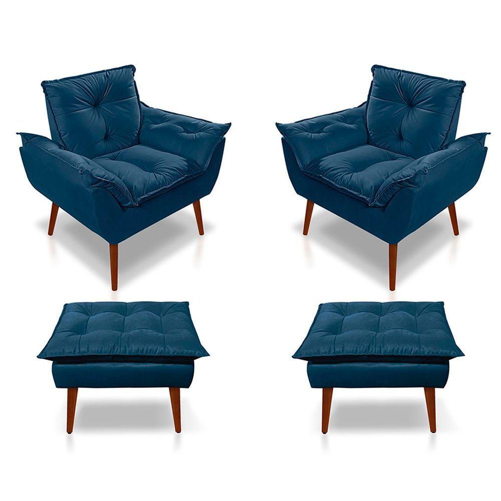 Kit C/02 Poltronas Opala + 02 Puffs Opala Elegante Suede Azul Marinho - 1