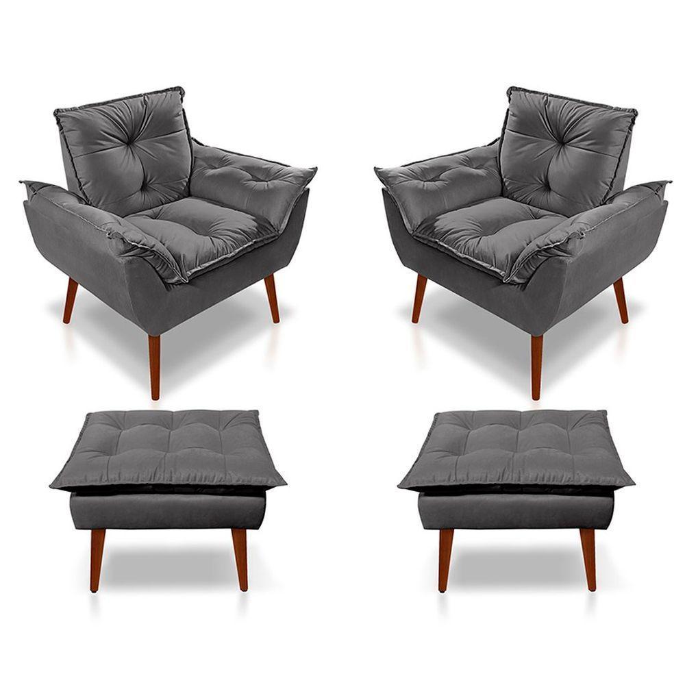 Kit C/02 Poltronas Opala + 02 Puff Opala Elegante Suede Cinza Escuro - 1